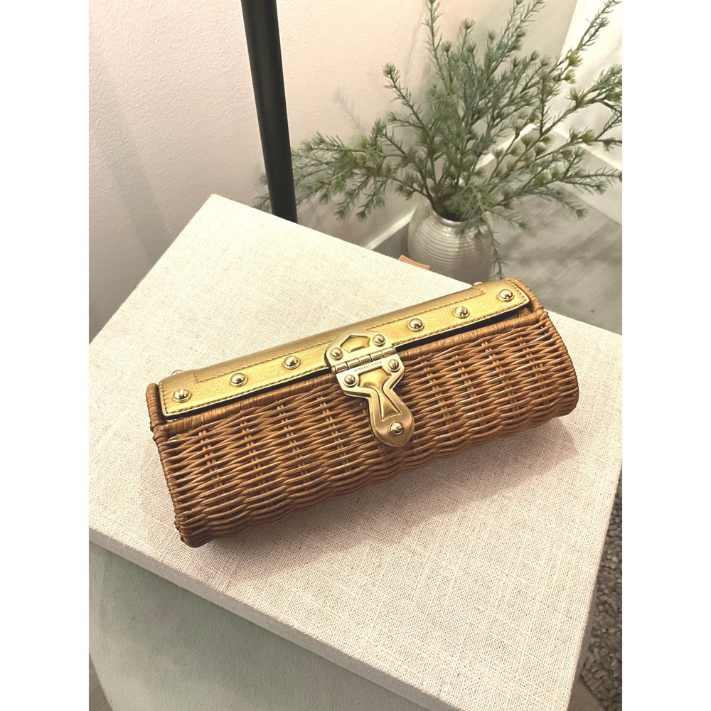 Michael Kors Wicker Clutch Bag Gold Metallic Leather Studded Woven Brown Handbag